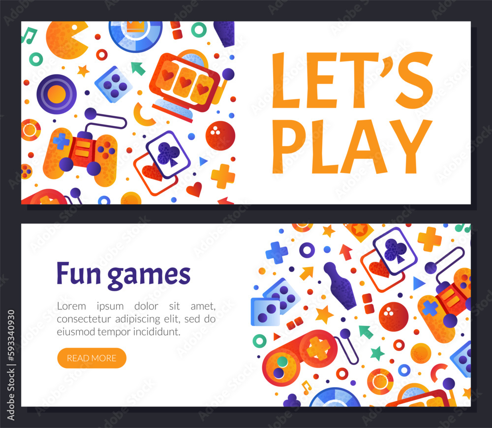 Naklejka premium Game and Entertainment Object Web Design with Gamepad, Arcade and Cards Vector Template