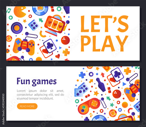 Game and Entertainment Object Web Design with Gamepad, Arcade and Cards Vector Template