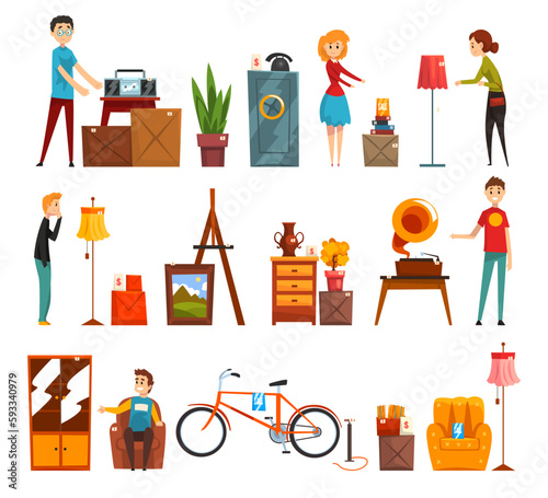 Garage Sale with People Character Selling and Buying Stuff at Flea Market Vector Set