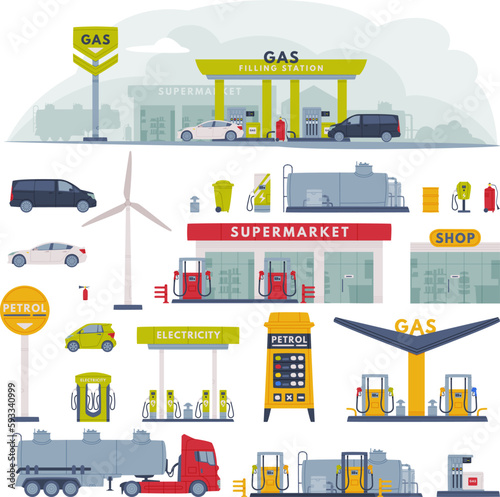 Gas Filling Station as Facility Selling Fuel for Motor Vehicle Vector Set