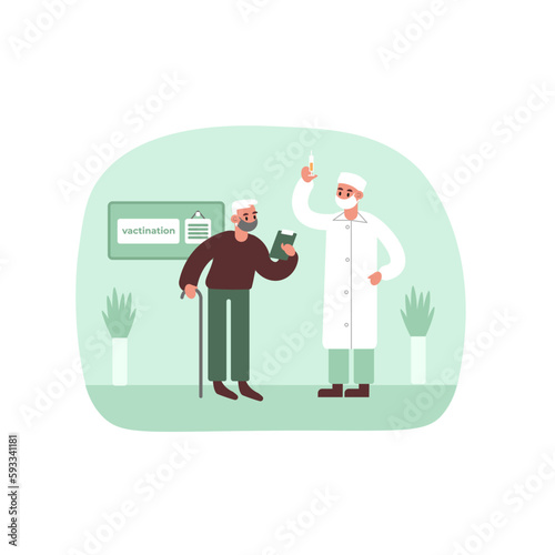 Cartoon characters of doctor and senior patient engaged in vaccination. Immune system health. Time to get vaccinated against disease for elderly people. Vector