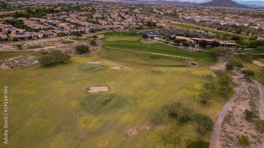 Aerial view of a golf club in a new neighborhood in VIstancia, Arizona Aerial view of a golf club in a new neighborhood in VIstancia, Arizona