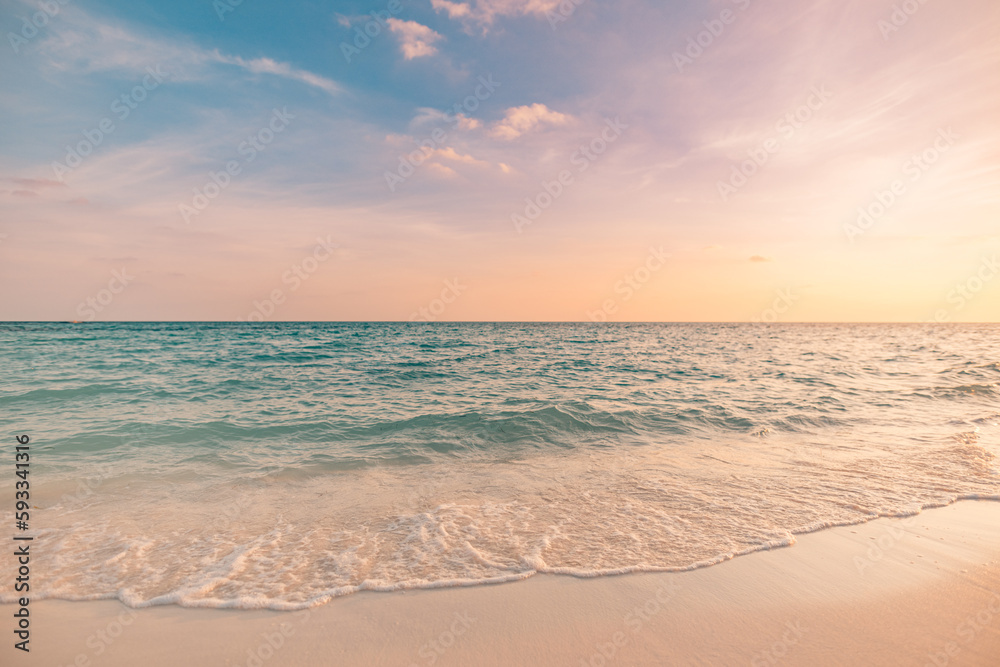 Orange golden sunset sunrise sky calm tranquil relaxing sunlight summer. Closeup sea sand beach. Panoramic beach landscape. Inspire tropical seascape waves horizon. Peaceful nature Mediterranean view 