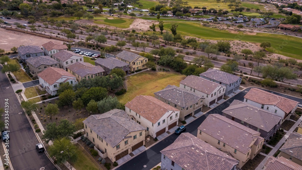 Aerial view of new houses in the new neighborhood in VIstancia, Arizona