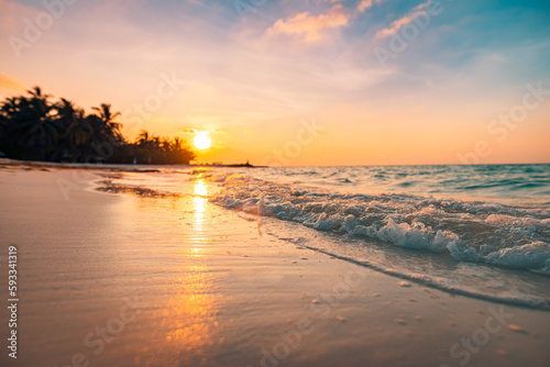 Summer silhouette beach amazing nature scene. Amazing closeup view of calm sea water waves, orange sunrise sunset sunlight. Tropical island beach landscape, exotic shore coast. Relax tranquil paradise