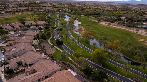 Aerial drone view of the Trilogy Golf Club on a sunny day