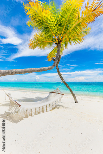 Fototapeta Naklejka Na Ścianę i Meble -  Tropical freedom beach sunny summer landscape, luxury resort beach palm swing hammock, sand seaside shore for sunset beach landscape. Tranquil sea bay horizon, vacation summer holiday carefree concept
