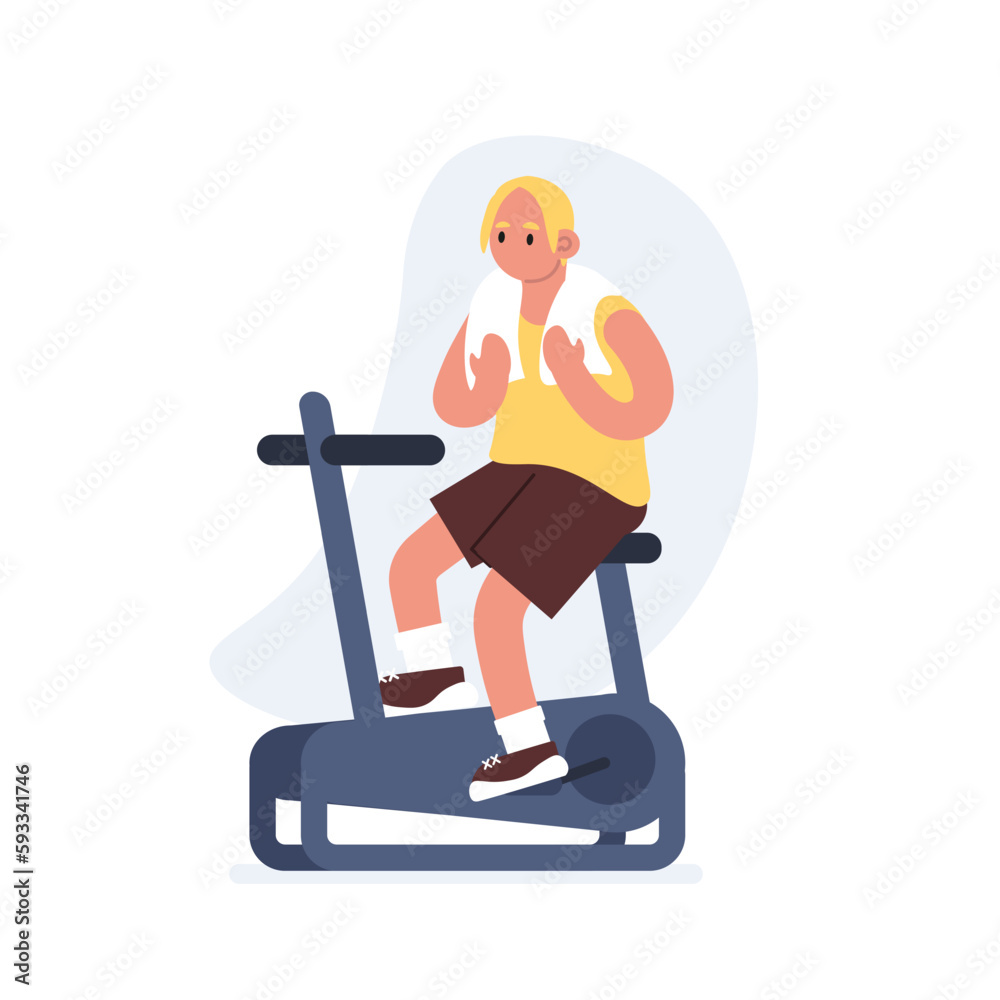 Cartoon character of young man training with orbitrack. Time for cardio exercises in gym. Morning workout to loss weight. Active and healthy lifestyle. Vector Cartoon character of young man training with orbitrack. Time for cardio exercises in gym. Morning workout to loss weight. Active and healthy lifestyle. Vector
