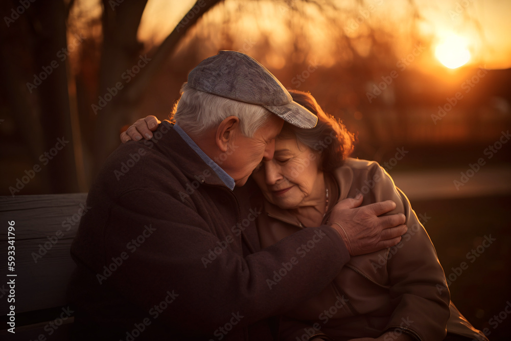 a senior couple embracing on a park bench, fictional persons created with generative ai a senior couple embracing on a park bench, fictional persons created with generative ai