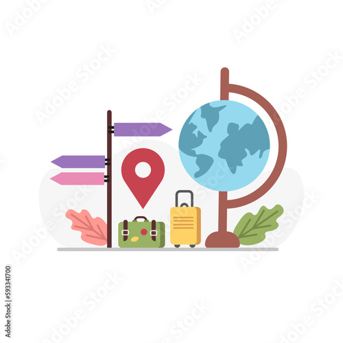 Preparation for travel abroad with globus and suitcases. Time for discovering new places and visiting sightseeing. Getting ready for next adventure. Vector