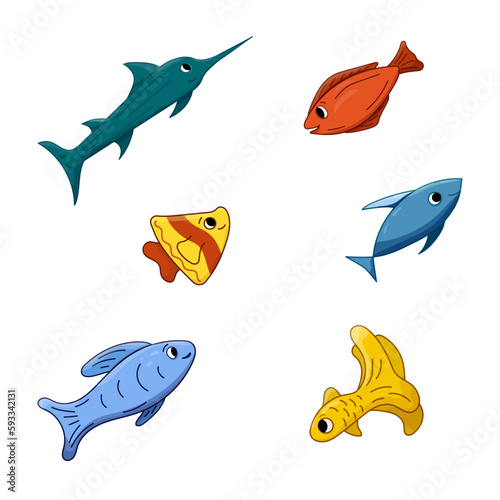 Set colorful fish Cartoon vector illustration. Isolated Ocean animal. Marine theme. Doodle dweller.