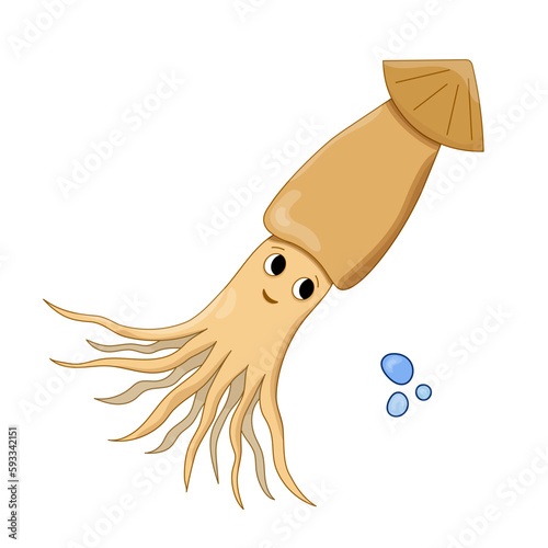 Squid cartoon vector illustration with air bubble. Isolated Calamary Ocean animal. Marine theme.