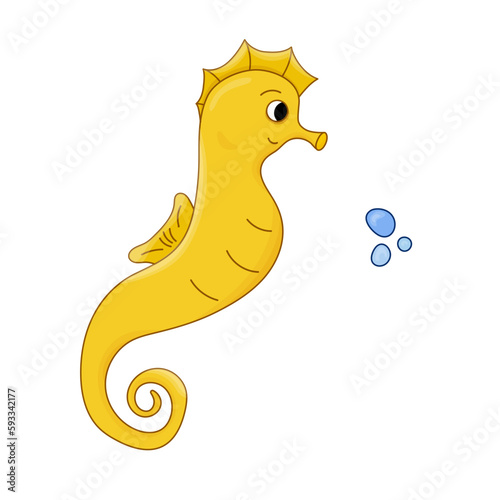 Seahorse yellow cartoon vector illustration, air bubble. Hippocampus Isolated Ocean Marine animal.