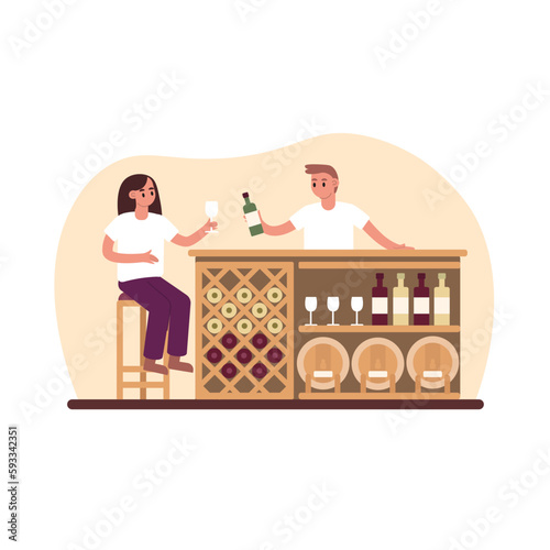 Cartoon character of male bartender pouring wine for woman. Time for tasting wine from organic grapes. Wine production sector. Restaurant worker and visitor. Vector