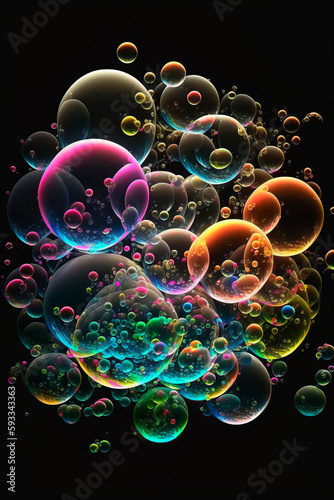 abstract background with bubbles, image generated with artificial intelligence showing soap bubbles on a dark background