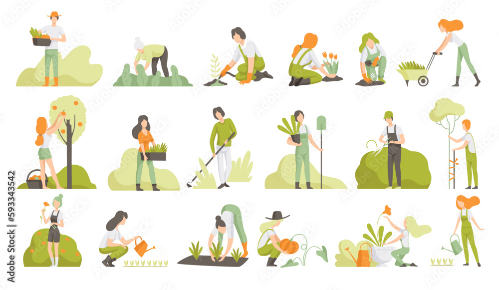 People Garden Worker Planting, Harvesting, Watering and Cultivating Crop Vector Set - obrazy, fototapety, plakaty 
