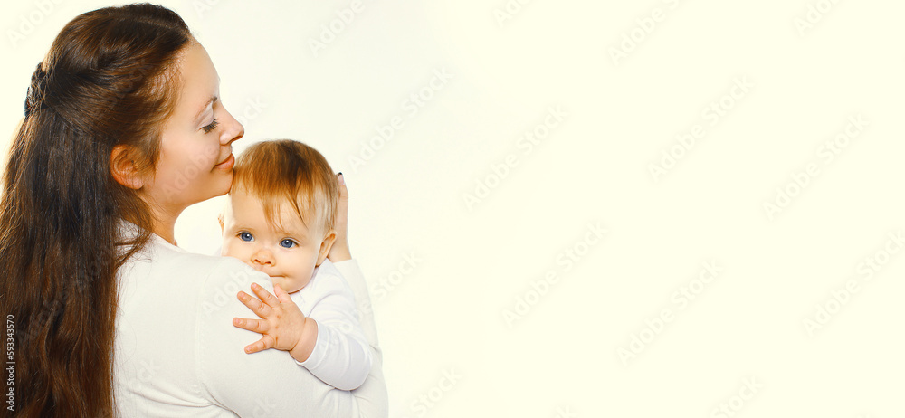 Portrait of happy mother holding her cute baby on white background Portrait of happy mother holding her cute baby on white background