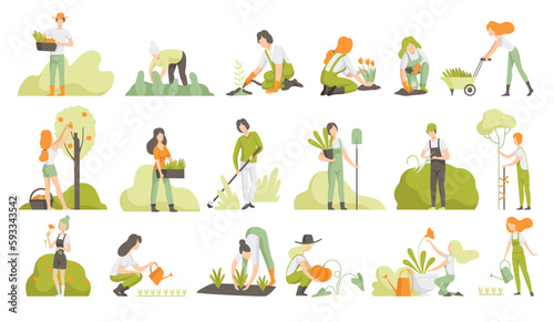 Leinwand Poster People Garden Worker Planting, Harvesting, Watering and Cultivating Crop Vector