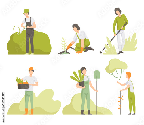 Man Garden Worker Shearing Bush with Pruner, Harvesting, Planting and Cultivating Soil Vector Set