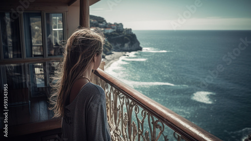 Blonde girl on the terrace, looking at the azure sea. Generative AI © Matthew