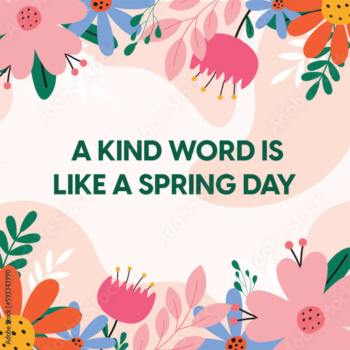 Colorful spring background with quote, banner, flowers, Greeting card, flat vector illustration, cartoon, esp10 photo