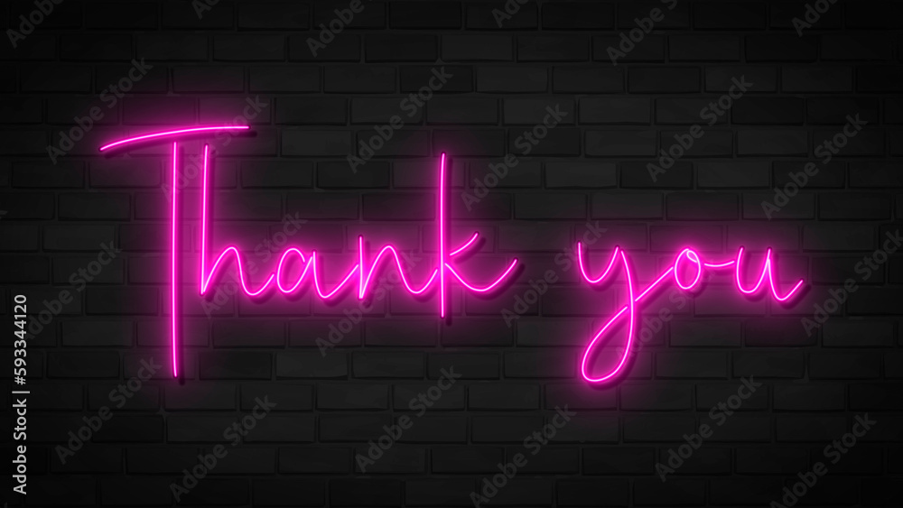Thank you pink neon sign. Glowing neon lettering Thank you template.