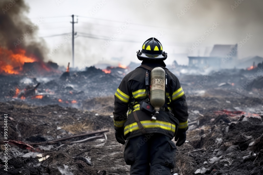 Brave Firefighters Rushing to the Scene, Viewed from Behind, Generative AI Brave Firefighters Rushing to the Scene, Viewed from Behind, Generative AI