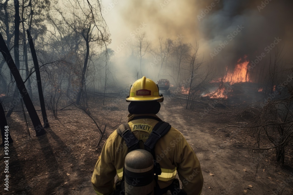 Naklejka premium Brave Firefighters Rushing to the Scene, Viewed from Behind, Generative AI