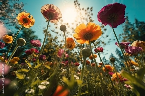 Meadow with colorful flowers on a sunny day. generative ai