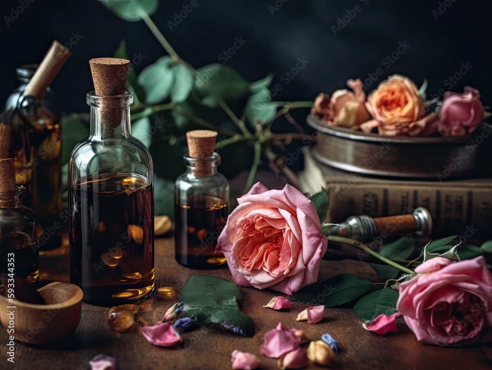 Roses on a wooden table prepared to make rose oil. Glass bottles with the finished oil. Dark background. Generative AI. Roses on a wooden table prepared to make rose oil. Glass bottles with the finished oil. Dark background. Generative AI.