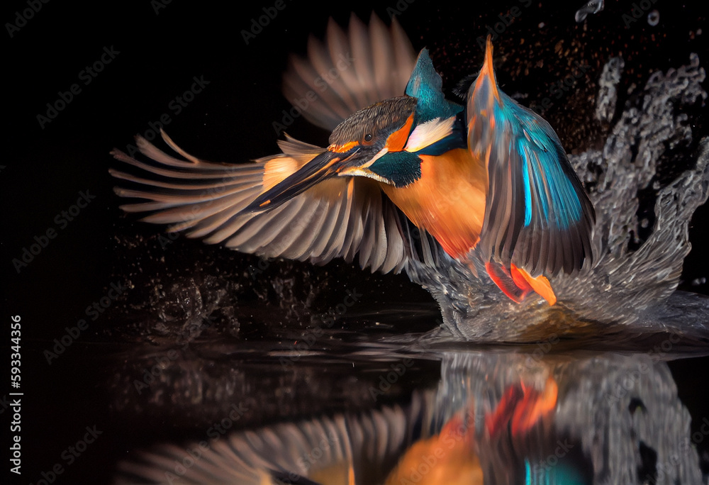 Obraz premium Common European Kingfisher (Alcedo atthis). Kingfisher flying after emerging from water with caught fish prey in beak on green natural background.