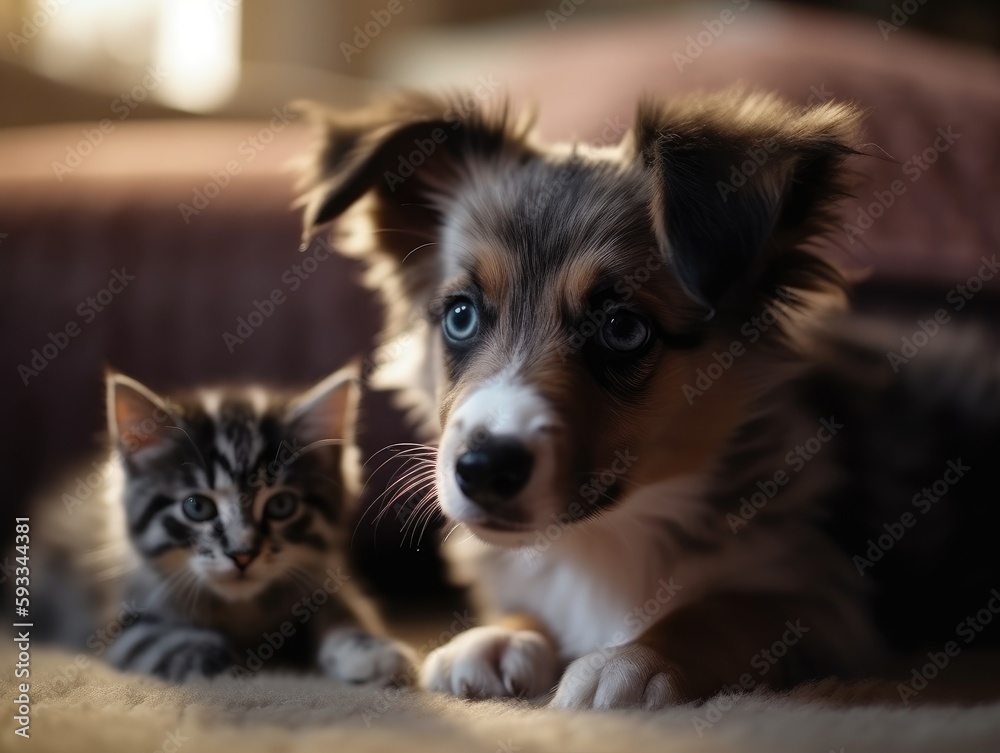 Dog and cat on the floor.