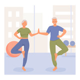 Cartoon characters of positive senior couple doing sports together. Active and healthy lifestyle for mature people. Time for fitness and common hobby. Vector