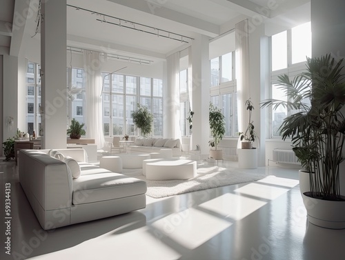 modern bright living room. White walls and furniture in sunny day. Scandinavian style. generative ai © Ornavi