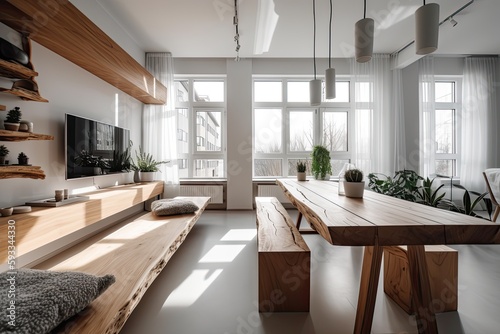 modern bright living room. White walls and wooden furniture in sunny day. Scandinavian style. generative ai