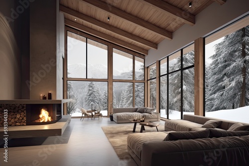 Romantic charming cottage in the mountains in winter. Living room with large window and fireplace. Generative AI