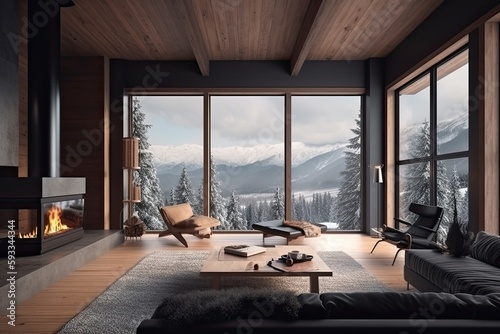 Romantic charming cottage in the mountains in winter. Living room with large window and fireplace. Generative AI © Ornavi