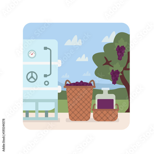 Process of fermentation of grapes for manufacturing organic wine. Time for making alcohol drinks countryside. Wine production industry. Idea of vineyard cultivation. Vector
