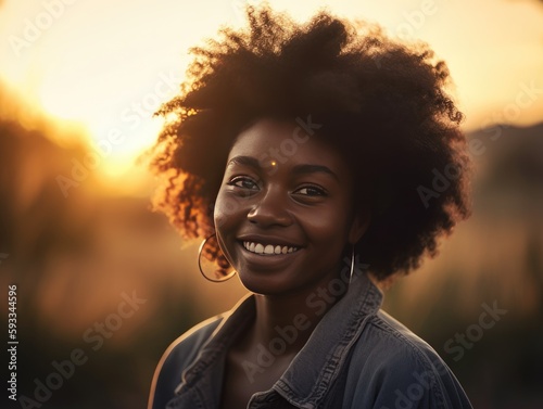 A fictional character of a smiling black woman in the rays of the setting sun. generative AI.