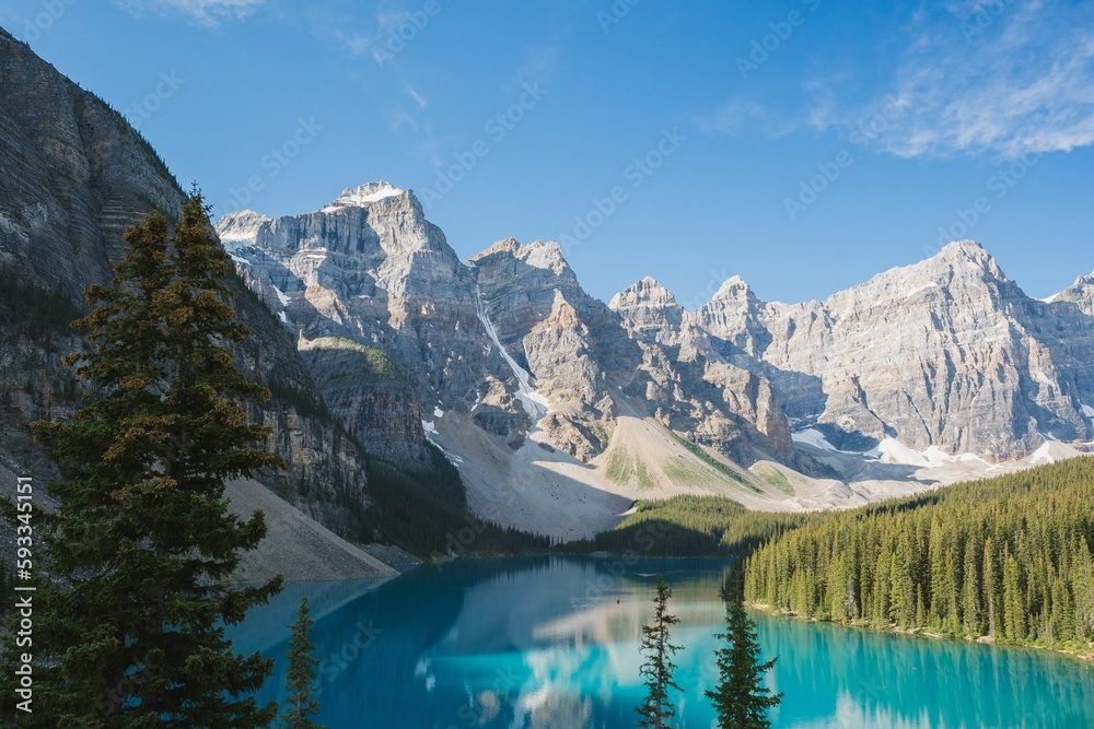 Beautiful view of Moraine Lake with mountains. Banff National Park, Alberta, Canada.