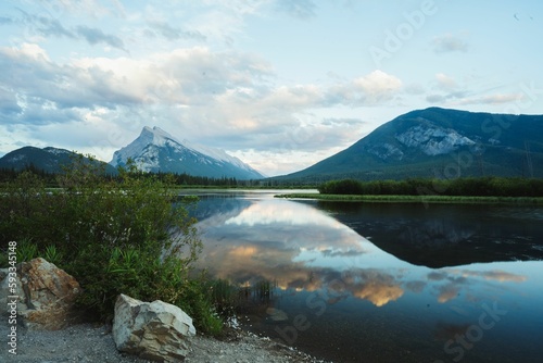 Beautiful view of Vermilion Lakes with mountains. Alberta, Canada.