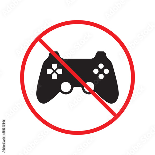 No joystick icon. Forbidden gamepad icon. No gamepad flat sign design. Prohibited gaming vector icon. Warning, caution, attention, restriction, label joystick symbol pictogram. Do not play games icon