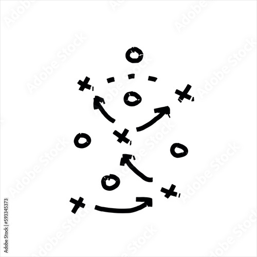 Sports tactics and strategy. Scheme of movement of team player. Combination of crosses and circles with path arrows. Pitch ball instructions.