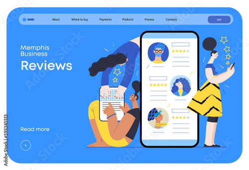 Memphis business illustration. Reviews -modern flat vector concept illustration of people rating articles and writing reviews. Corporate business reputation metaphor.