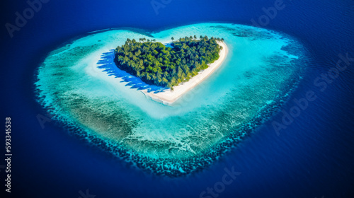 A paradise heart-shaped island is a true paradise on earth. The island is surrounded by crystal-clear water that is so blue it almost glows. Generated AI