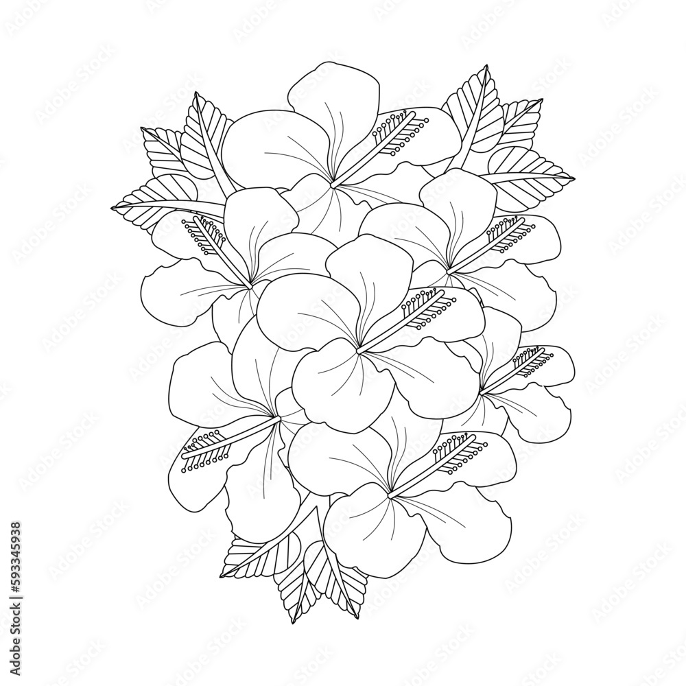 Illustration Of Hibiscus Flower Coloring page Hand Drawn Vector Sketch Line Art