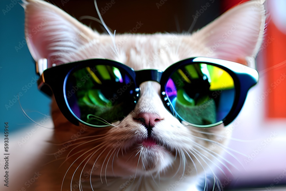 Kitty with sunglasses and colorful bakckground. Generative AI