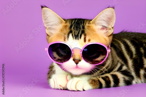Kitty with sunglasses and colorful bakckground. Generative AI