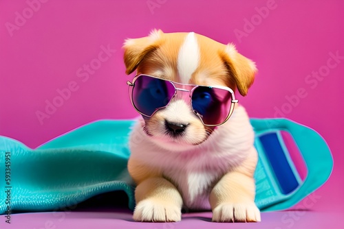 Puppy with pink sunglasses and purple Background. Generative AI