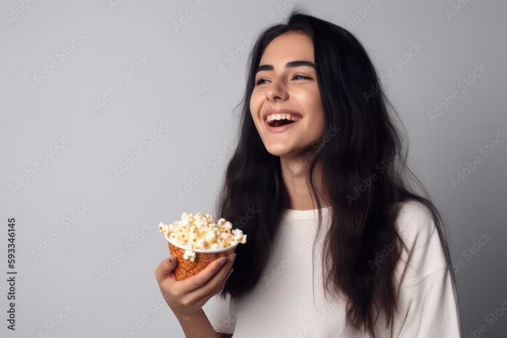 happy young woman eating popcorn and looking at camera isolated on grey background. Generative AI
